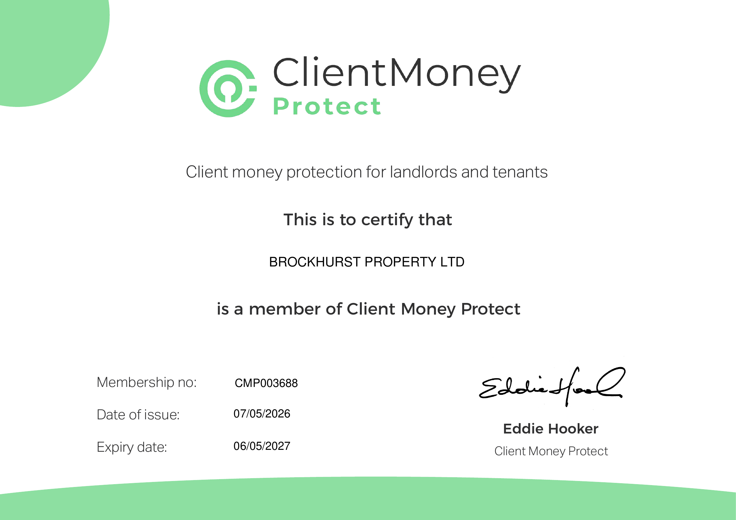 CMP membership certificate for Brockhurst Property Ltd — valid 07/05/2026 to 06/05/2027